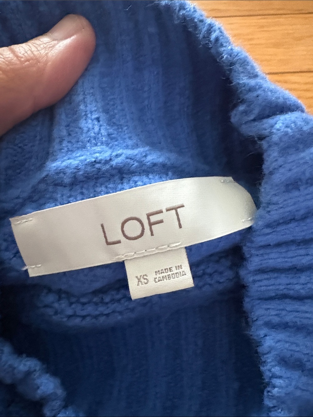 LOFT Bright Blue Cable-Knit Puff Shoulder Mock Neck Sweater - Picture 2 of 9